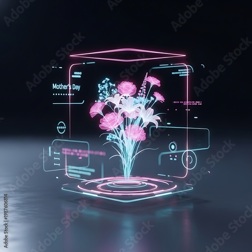 Futuristic holographic display of pink and cyan flowers with mother's day text in a glowing digital interface mother s holographic technology interface