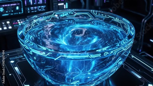 A futuristic bowl of glowing blue liquid with abstract technology lighting, glass reflections, fluid depth and sleek sci-fi styling, cool luminous tones and immersive modern atmosphere,