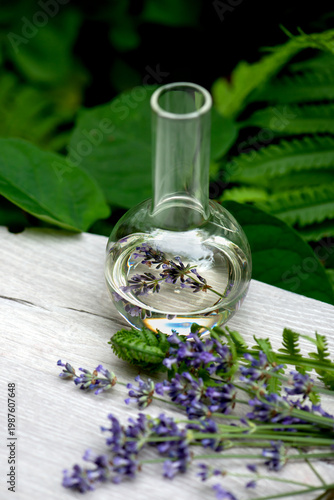Set of the bottles and flasks with essence fragrance cosmetic herbal lavender oils with flowers on desk. Spa and wellness setting, relax and treatment therapy. Selective focus