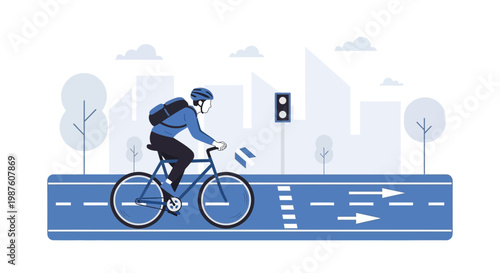 Cyclist riding on a dedicated bike lane in a modern city with skyscrapers and traffic lights