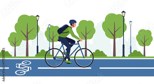 Cyclist riding on a dedicated bike lane in a park with trees and lampposts