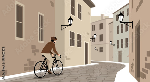 Cyclist riding on cobblestone street in old European town, vintage style