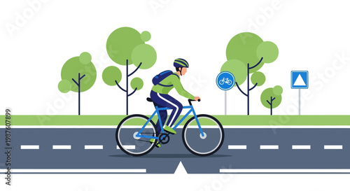 Cyclist riding on dedicated bike lane with road signs and trees