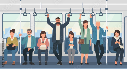 Diverse commuters traveling by subway, holding on to handrails, looking at phones, and sitting.