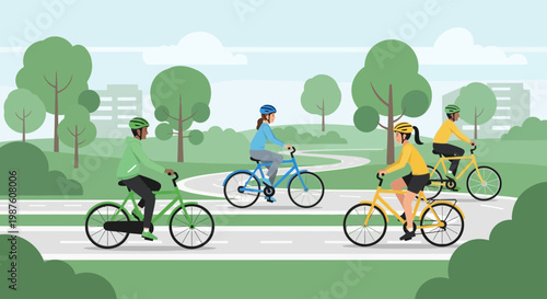 Diverse group of people cycling on a paved path in a park with trees and city buildings in background