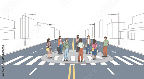 Diverse group of people standing on a city street crosswalk, urban background