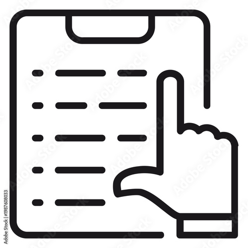Schilderij op canvas Minimalist black vector icon illustration of a hand pointing to a specific item on a checklist clipboard, representing task management, survey completion, or selection process on white background