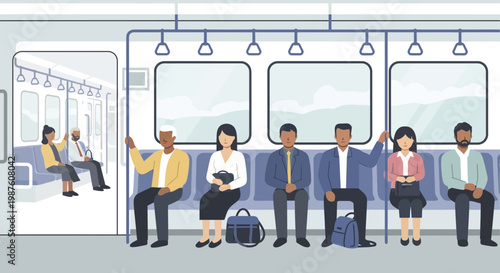 Diverse commuters traveling on a modern subway train, seated and standing.