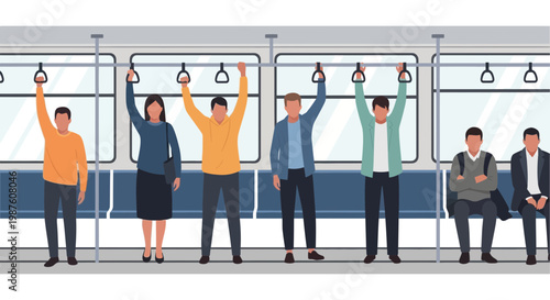 Diverse commuters travel by public transport, standing and sitting inside a train carriage.