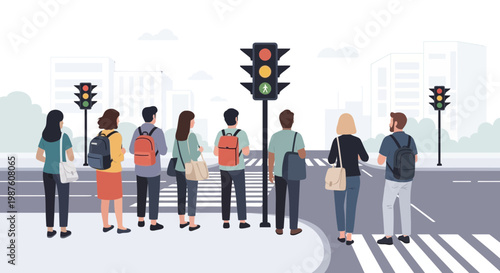 Diverse group of people waiting at a crosswalk with traffic lights in a city