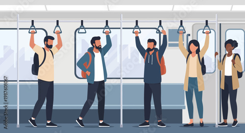 Diverse group of young people commuting on a modern subway train, holding onto handles