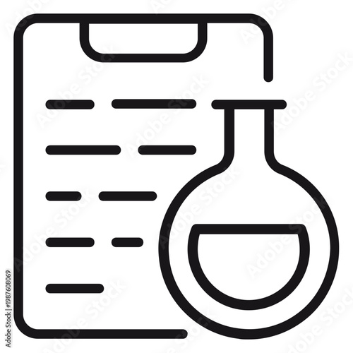 Laboratory report and medical test results vector icon illustration featuring a clipboard with a chemical flask, minimalist black line art symbol for scientific research and data analysis.