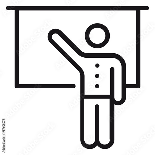 Photos Minimalist black vector icon illustration of a teacher or presenter standing in front of a whiteboard or projection screen, pointing at information during a lecture, seminar, or business meeting