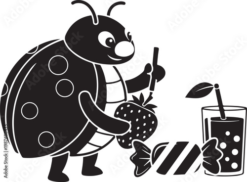 A whimsical illustration of a ladybug enjoying a refreshing drink and a strawberry Vector, illustration