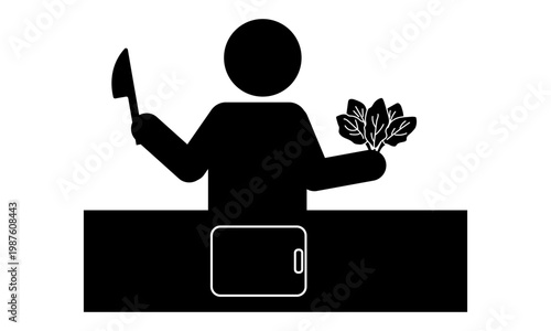 まな板で葉物野菜を切る人のモノクロピクトグラム　料理・食育