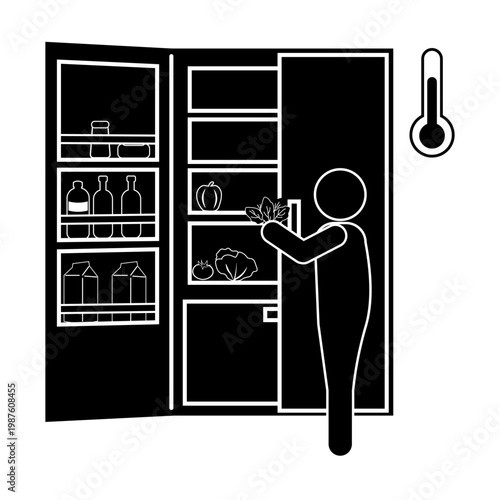 冷蔵庫に食品を入れる人のモノクロピクトグラム　低温保存・食中毒予防