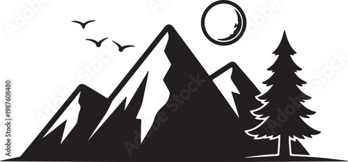 Silhouette of mountains with moon and birds in minimalist black and white Vector, illustration
