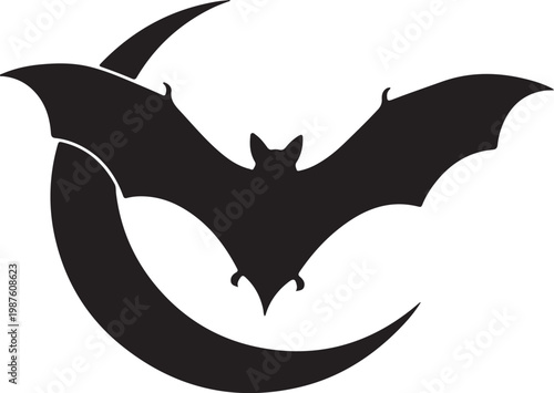Silhouette of a bat flying in front of a crescent moon Vector, illustration