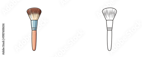 Makeup brush in flat cartoon and black line style brown and blue colors represents cosmetic tool for powder or blush application isolated on white background