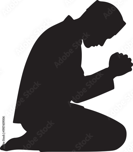 Silhouette of a person kneeling and praying with hands clasped Vector, illustration