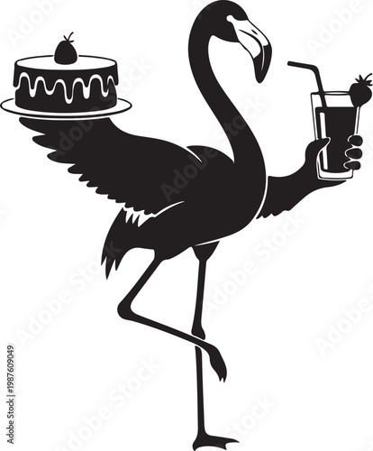 Silhouette of a flamingo balancing a cake and drink on its beak Vector, illustration
