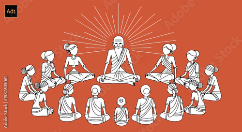 Indian spiritual guru teaching meditation in a circle, traditional yoga master with students, ethnic line art illustration on terracotta background