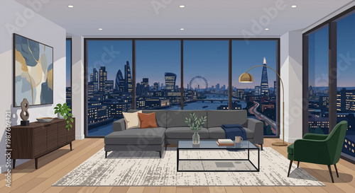 Modern apartment interior night city skyline landscape