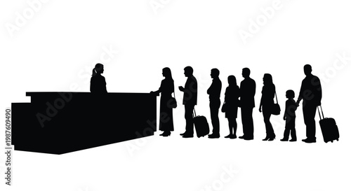 People waiting in a line at a reception desk silhouette
