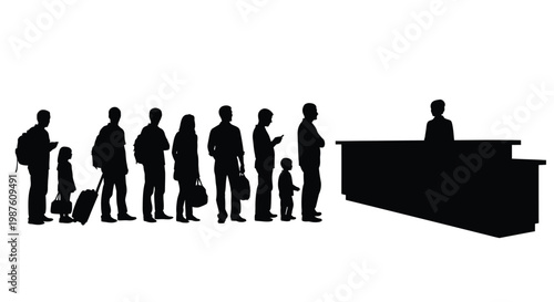 People waiting in a line at a service counter black silhouette