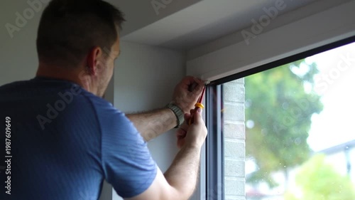 Close up of a caucasian man installing white blinds on kitchen window in a house, modern plisses shades from sunlight 