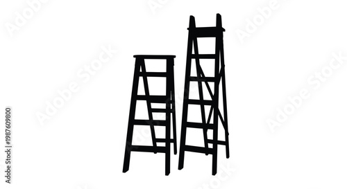 Two wooden ladders stand against a white background a stark silhouette