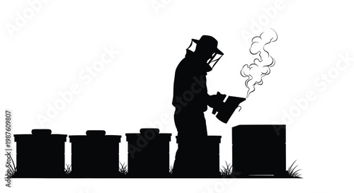 Beekeeper tending to hives with smoke a striking black silhouette