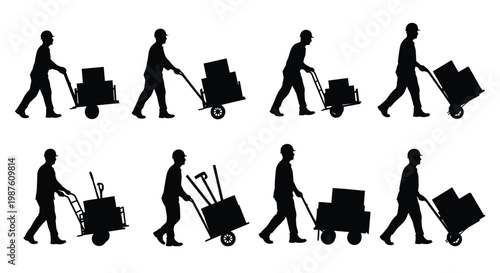 Workers pushing hand trucks and carrying loads a black silhouette