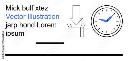 Time management, shipment, workflow, task organization, productivity, logistics. Stylized clock, arrow pointing at an open box. Time management and shipment concept