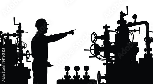 Worker pointing at complex machinery in a stark black silhouette