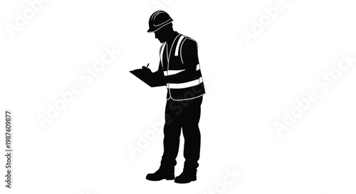 Construction worker taking notes on a clipboard stark silhouette