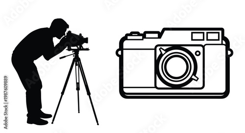 A photographer using a tripod with a vintage camera silhouette