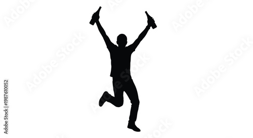 Jumping man celebrates with raised bottles a striking silhouette