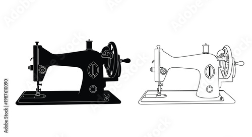 Vintage sewing machines in contrasting styles black and white silhouette