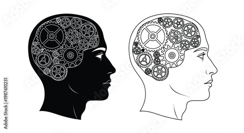 Human head with gears inside contrasted black and white silhouette