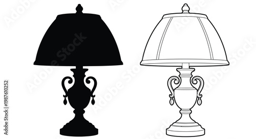 Two ornate table lamps one presented as a dark silhouette