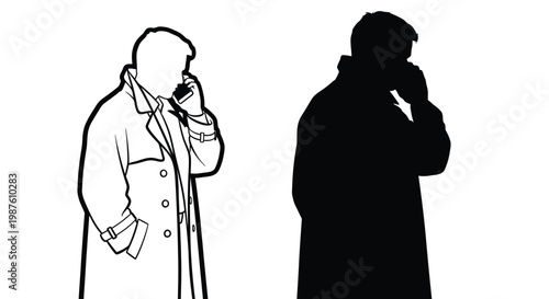 Man in a coat talking on phone depicted in a stark silhouette