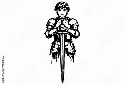 Young medieval knight front view holding sword line art fantasy character sketch