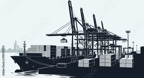 Large cargo ship with containers docked.