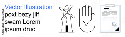 Renewable energy, cultural heritage, agreement signing, legal documents, symbolism, ethical concepts. A windmill, a hand symbol and a signed document are . Renewable energy and cultural heritage