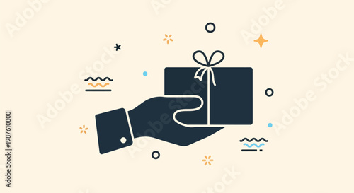 Hand holding gift box with ribbon.