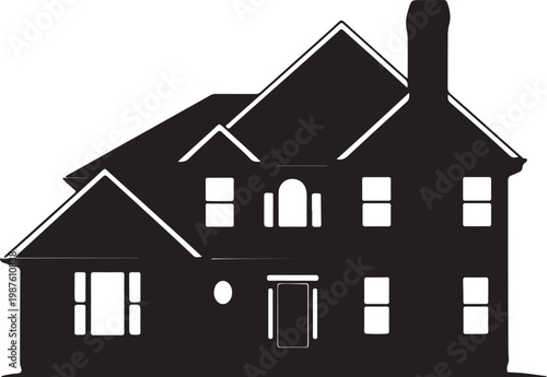 Silhouette of a two-story house with a chimney and multiple windows Vector, illustration