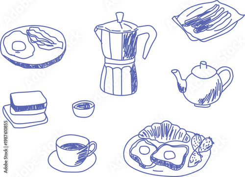 Hand draw doodles breakfast or brunch. food, tea and coffee icons. Illustration for invitations, menus design, poster placard.