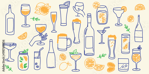 Hand drawn doodle citrus and wine set. lemons, alcohol, limoncello cocktail glass and lemon slice for background, card, invitation or poster, packaging