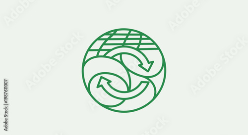A green globe icon with arrows symbolizing recycling and sustainability on a white background.